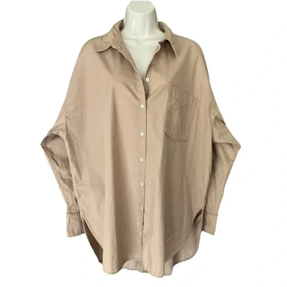 Maeve Anthropologie The Bennett Oversized Button Down Shirt Tan Long Sleeve XL - Picture 5 of 11